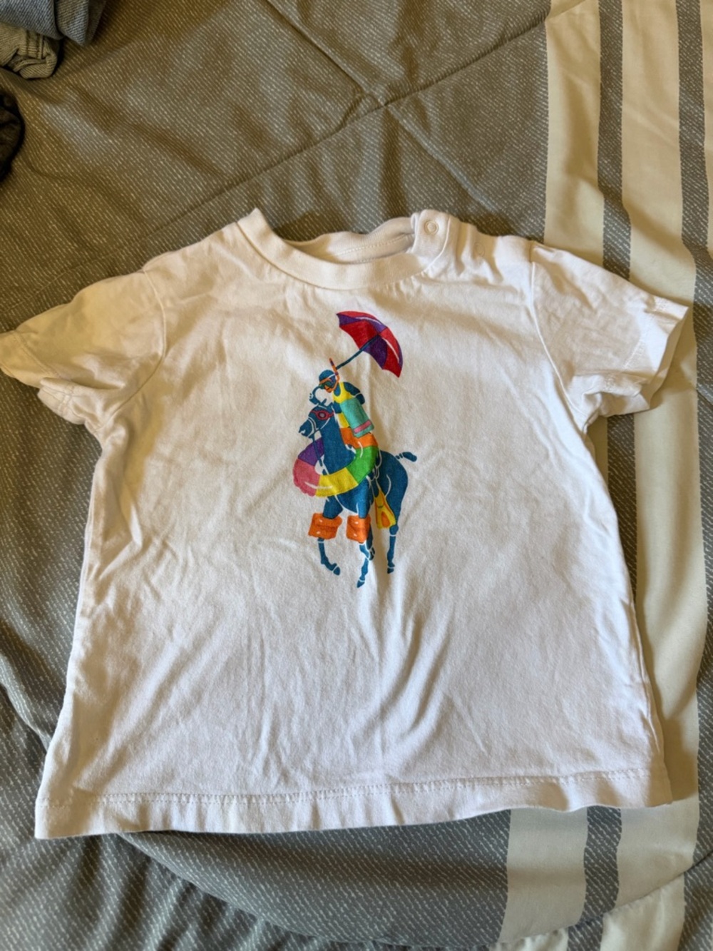 Ralph Lauren White Kids Tee with Colorful Polo Pony and Umbrella Graphic